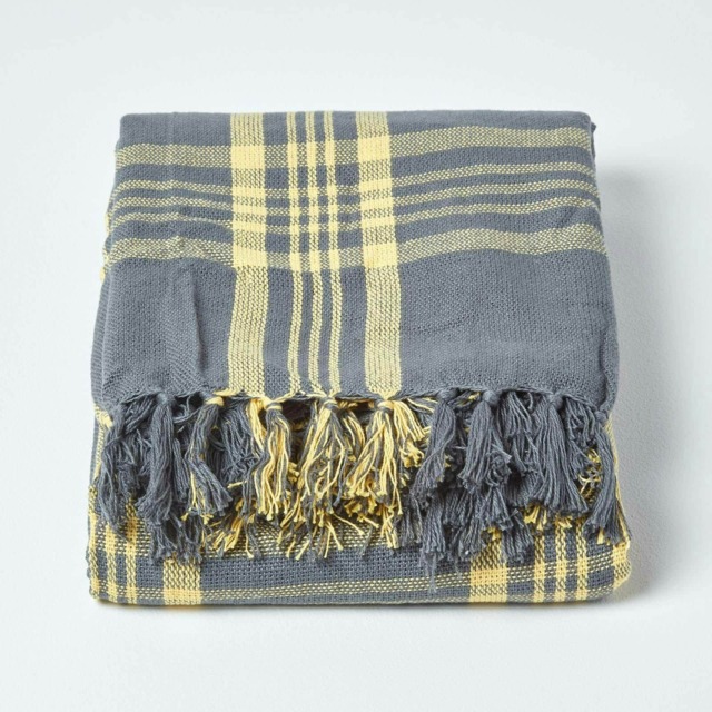 Homescapes Grey and Yellow Tartan Check Sofa and Bed Throw - 225 x 255 cm