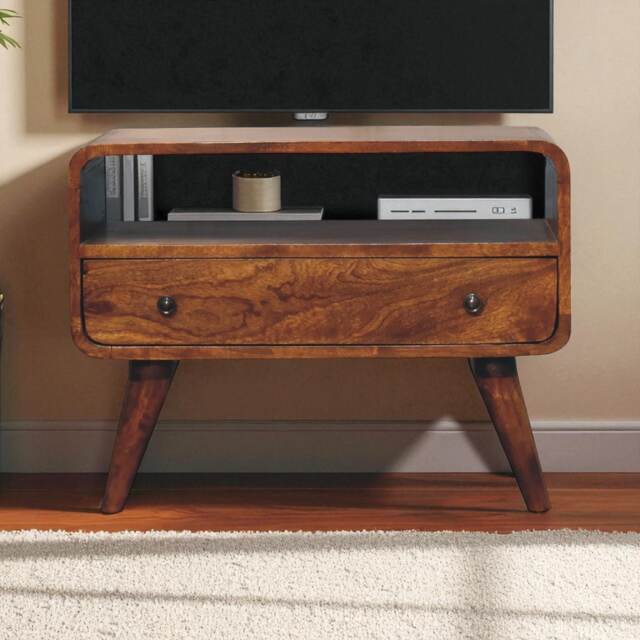 Artisan Furniture Solid Wood Mini Chestnut Curved Media Unit, 1 drawer, 1 Open slot, Brown