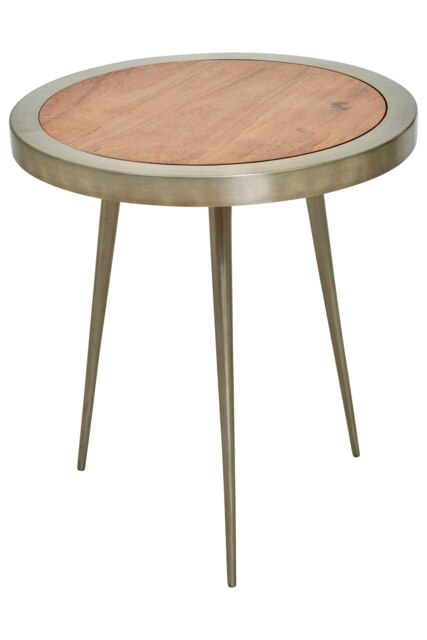 Acacia Wood Round Side Table-Metallic Small Table-Gold Aluminium Framed Bedside Table-Natural Round Table Cream