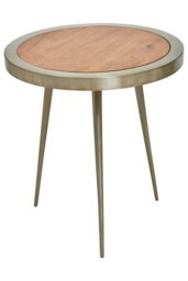 Acacia Wood Round Side Table-Metallic Small Table-Gold Aluminium Framed Bedside Table-Natural Round Table Cream