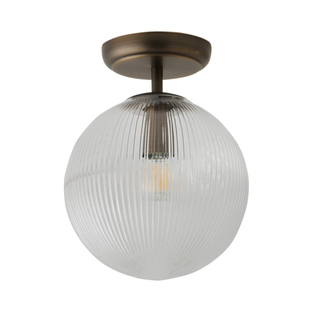 ValueLights Kempton Brass Flush Ceiling Light with Ribbed Globe Shade Bronze