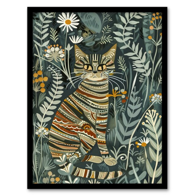 Striped Cat Floral Botanical Garden Folk Art Black Framed Wall Art Print A4