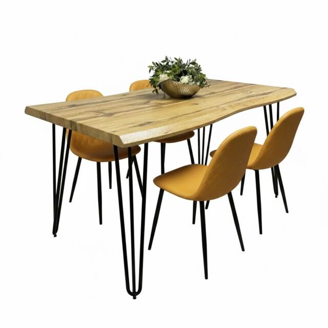 Modern Dining Table Set With 4 Mustard Faux Leather Chairs Dining Room Furniture