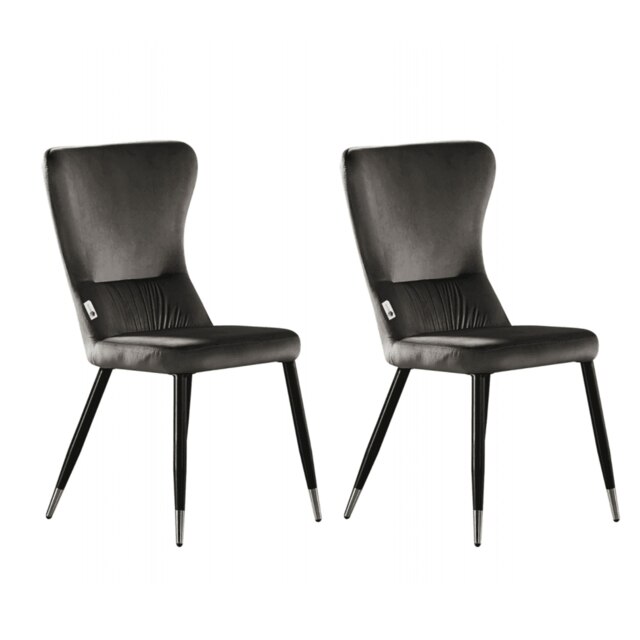 Set of 2 New York Modern Velvet Dining Chairs with High Back, Black Metal Legs Grey Silver End Tips