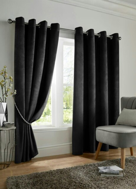Velvet Look Eyelet Ring Top Blackout Curtains - 168cm x 229cm - Black