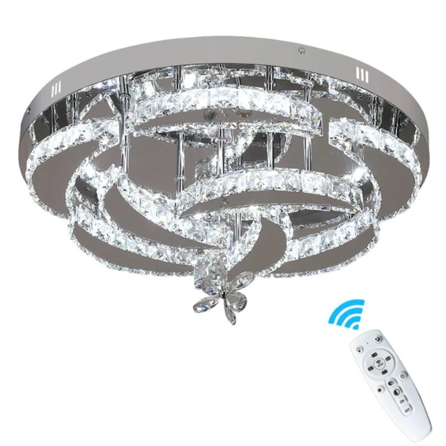 Crystal LED Ceiling Light Silver Chandelier 3 Color Lights 50x24cm Remote Control