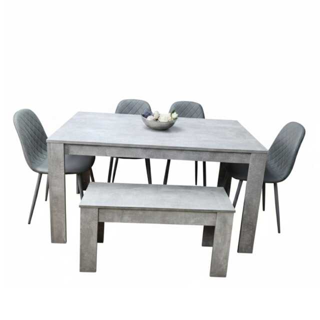 Wooden Grey Dining Table Set with Bench and 4 Grey Chairs Modern Rectangle Dining Room Furniture