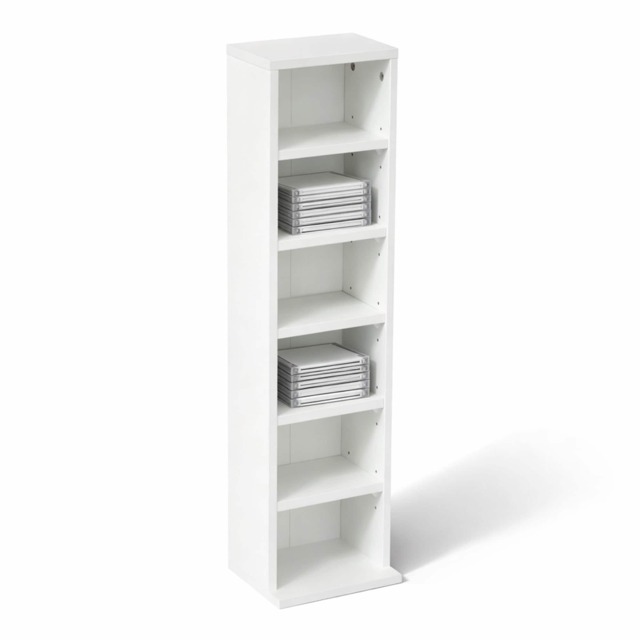 6 Tier White Wooden CD DVD Game Book Shelf Storage Tower Rack - Fits 102 CDs