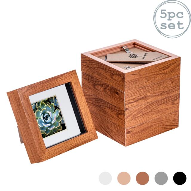 "Nicola Spring 4 x 4"" Photo Frames - Dark Wood/White Mount - 3D Picture Frame Box Portrait Display Case (12.5 x 12.5cm) Set of 5"