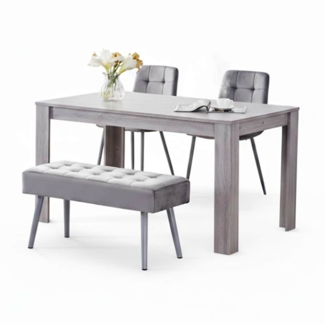 Grey Dining Table with 2 Velvet Chairs and Bench Dining Set Furniture
