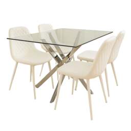 Glass Dining Table with 4 White Faux Leather Chairs Dining Room Furniture