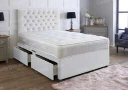 6ft Superking White Plush Velvet Divan Bed With Headboard & Memory Sprung Mattress 4 Drawers