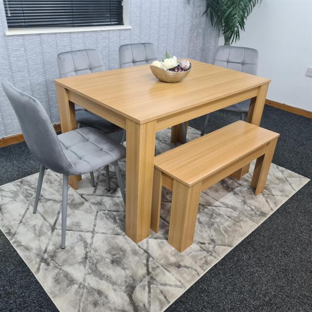 KOSY KOALA 6 Seater Modern Light Wood Dining Table Set with 4 Grey Velvet Chairs and Bench H75 x L140 x W80 cm