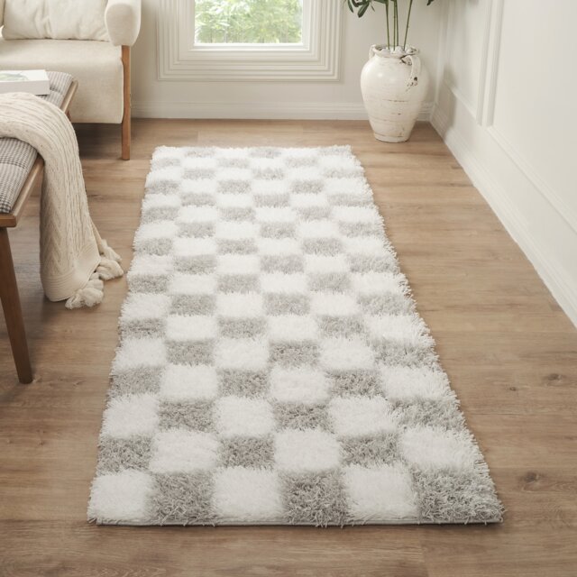LIVABLISS Urban Shaggy-Modern Checkered Soft Plush Pile Rug 80 x 220 cm Ivory Grey