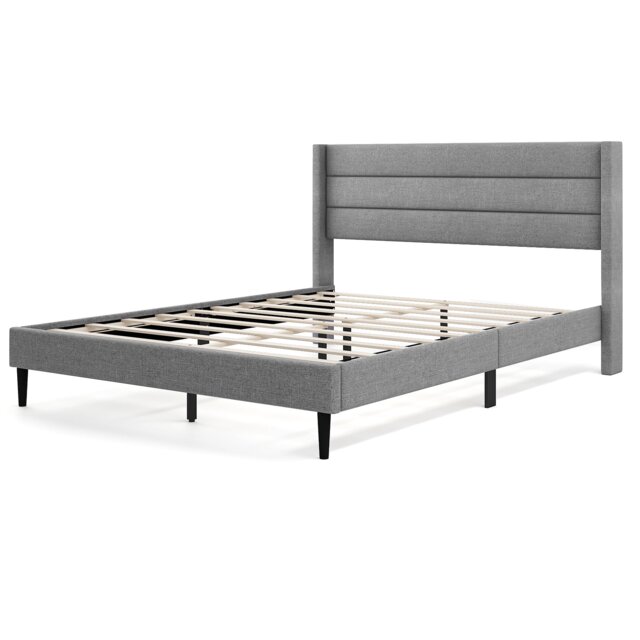 COSTWAY Double Bed Frame Linen Upholstered Platform Bed Headboard Grey