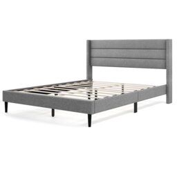 COSTWAY Double Bed Frame Linen Upholstered Platform Bed Headboard Grey