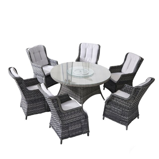 Direct Wicker Outdoor 6 Person Rattan Dining Set, Aluminum Table with Lazy Susan, 6 Chairs for Patio Garden Grey