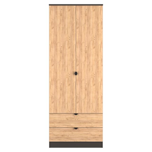 Norway Tall 2 Drawer Double Wardrobe in Gold Craft Oak & Graphite (Ready Assembled) Grey Gold Craft Oak & Graphite
