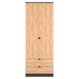 Norway Tall 2 Drawer Double Wardrobe in Gold Craft Oak & Graphite (Ready Assembled) Grey Gold Craft Oak & Graphite