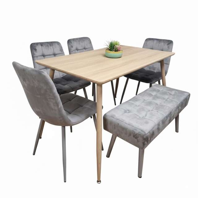 Wooden Dining Table Set with 4 Grey Velvet Dining Chair And 1 Grey Velvet Bench