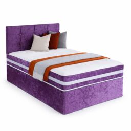 3ft Single Purple Crushed Velvet Divan Bed Set Orthopaedic Mattress with Cube Headboard 2 Drawers Same Side