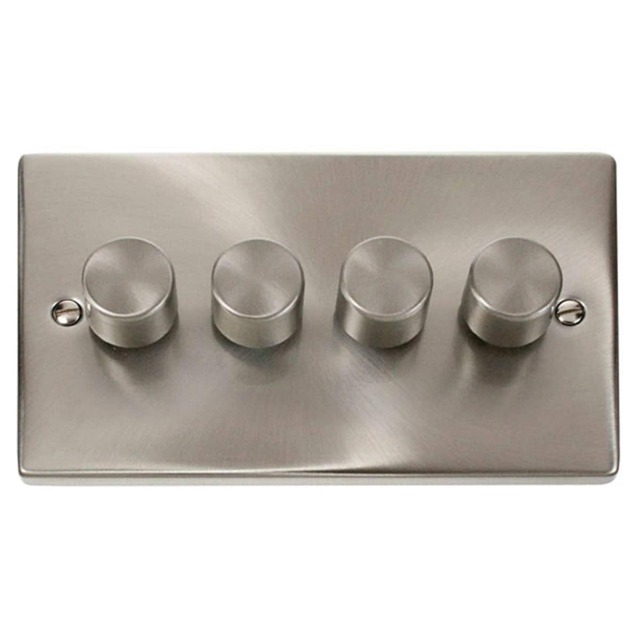 SE HOME Satin Brushed Chrome 4 Gang 2 Way LED 100W Trailing Edge Dimmer Light Switch. Chrome Satin Chrome