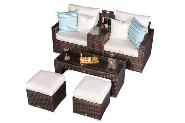 Havana 2 Seat Modular Sofa Rattan Garden Balcony Furniture Set Outdoor Drinks Cooler Table, Coffee Table & Stools Brown Brown Two Seater