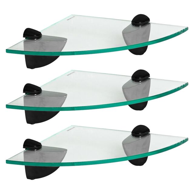 Harbour Housewares Floating Glass Corner Shelf - 20cm - Metallic Brackets - Bathroom Shower Storage Vanity Display Unit Shelf Black Black 3