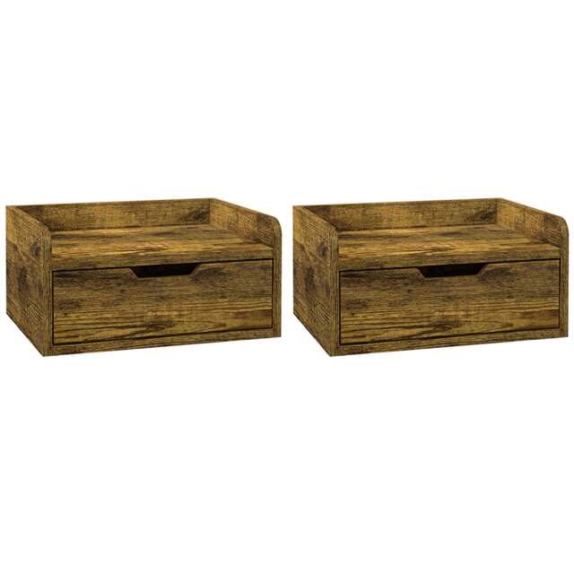 HOMCOM Floating Nightstands Set of 2, Wall Mounted Bedside Table with Storage Drawer for Bedroom, Rustic Brown