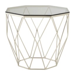 Octagonal End Table With Brushed Nickel Base,Boutique Geometric Side Table,Accent Table For Home Decor Silver