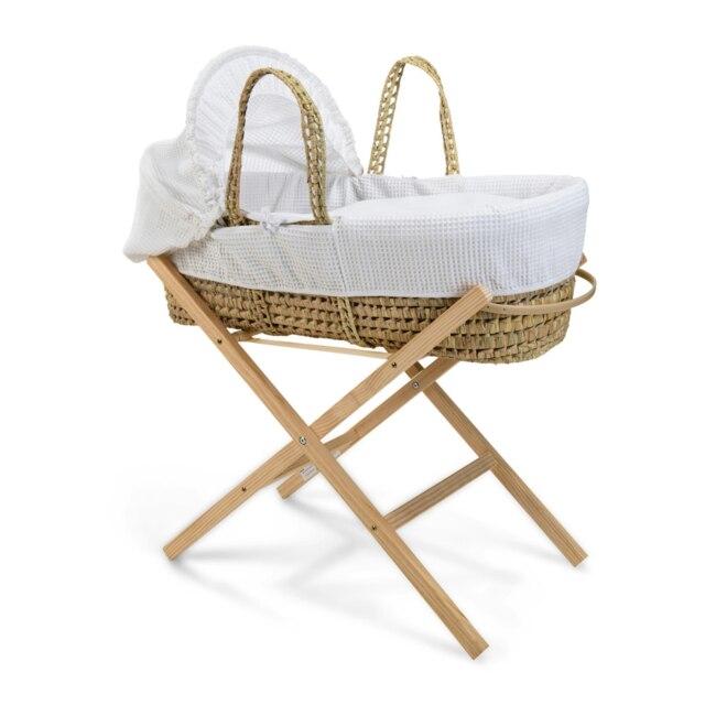 Clair de Lune Waffle Palm Moses Basket With Folding Stand - White