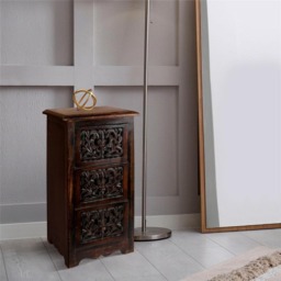 Natural Hand Made Indian Mango Wood 3 Drawer Storage Unit Bedside Table Dark Brown 37.5 x 33 x 67 cm Brown Dark Brown