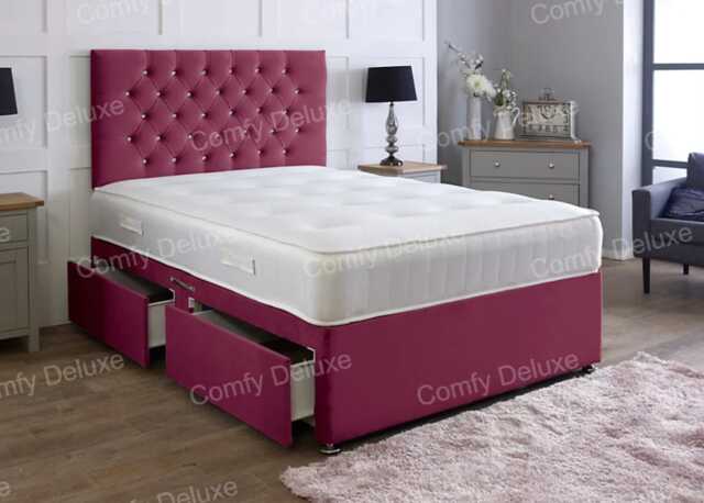 6ft Superking Maroon Plush Velvet Divan Bed With Headboard & Memory Sprung Mattress 2 Drawers Same Side