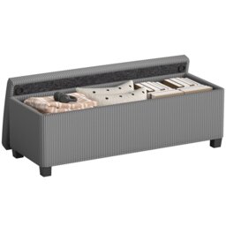 HOMCOM Storage Ottoman Bench, Corduroy Footstool with Removable Lid and Legs, 112cm Storage Chest Bofor Living Room, Bedroom, Hallway, Grey