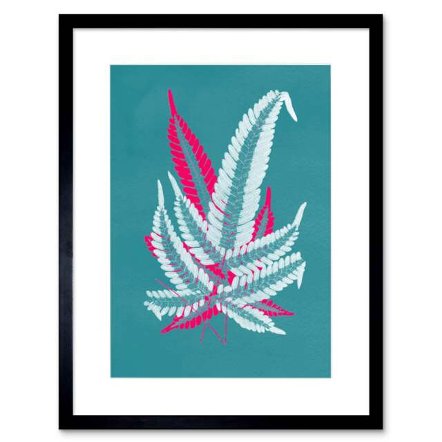 "Fern Frond Leaf Teal Pink Botanical Plant Lover 9x7"" Black Framed Wall Art Print"