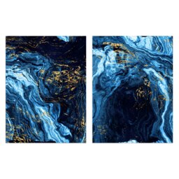Set Of 2 Abstract Dark Blue Gold Marble Vein Mineral Wall Art Prints 12x16 Inch