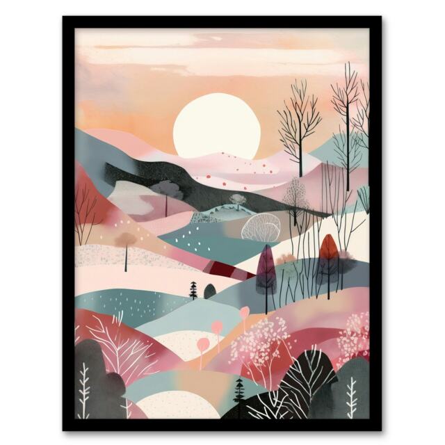 Sunrise Over Countryside Hills Boho Winter Black Framed Wall Art Print A4