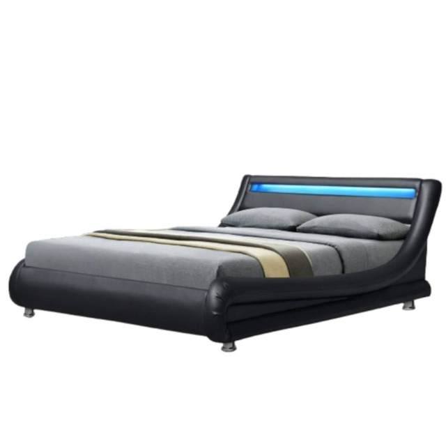 4ft6 Double Italian Designer Faux Leather Bed with LED In Black