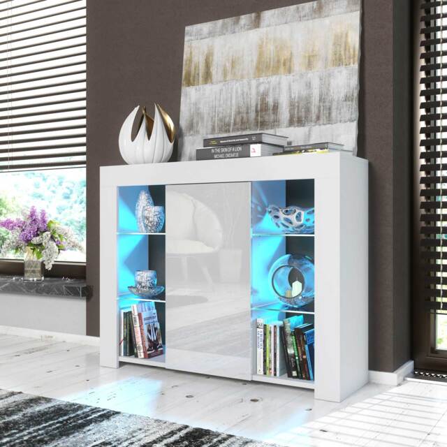 Display Cabinet Bookcase Sideboard Storage Cabinet Cupboard White High Gloss LED 97.5cm