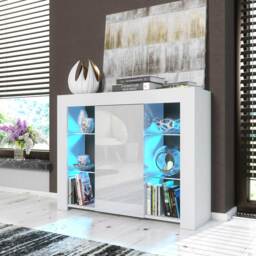 Display Cabinet Bookcase Sideboard Storage Cabinet Cupboard White High Gloss LED 97.5cm