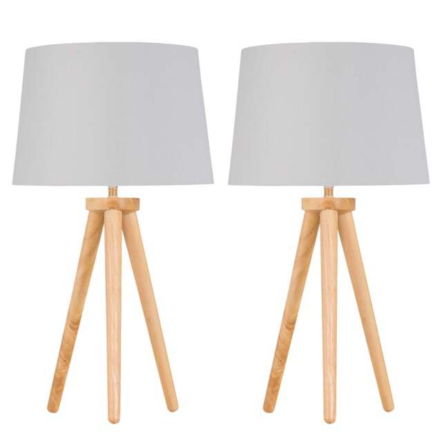 Set of 2 Light Oak Table Lamp Bedside Lights with White Silver Shade Brown White Large 2