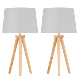 Set of 2 Light Oak Table Lamp Bedside Lights with White Silver Shade Brown White Large 2