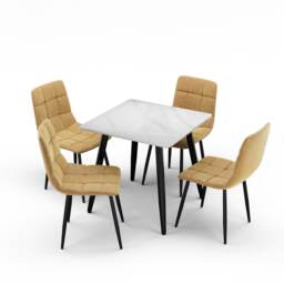 5-Piece Dining Set - 80cm Square Sintered Stone Table and 4 Velvet Chairs with Metal Legs White Gloss White & Yellow 1