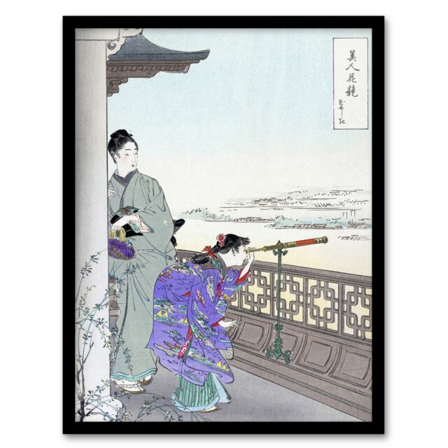 "Beauties and Flowers Series Binoculars Framed Wall Art Print Ogata Gekko 12x16"""