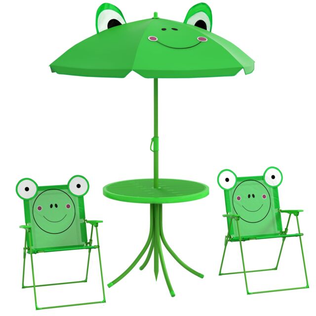 Outsunny Foldable Patio Kids Metal Picnic Table w/ Frog Umbrella Green 4-piece Green Green