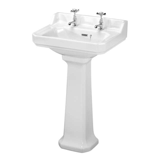Traditional 2 Tap Hole Ceramic Bathroom Basin Sink & Full Pedestal - 560mm