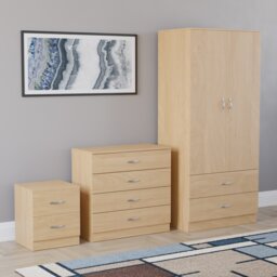 Vida Designs Riano 3 Piece Bedroom Set (2 Drawer Bedside Chest, 4 Drawer Chest, 2 Door 2 Drawer Wardrobe) - Pine