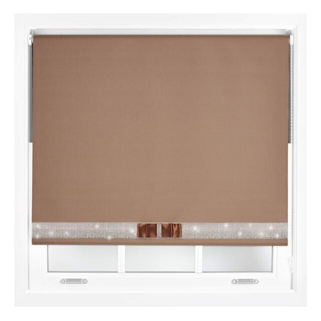 FURNISHED Blackout Roller Blinds with Diamante Trim and Bow Cut to Size Brown Brown (W) 150cm x (L) 210cm