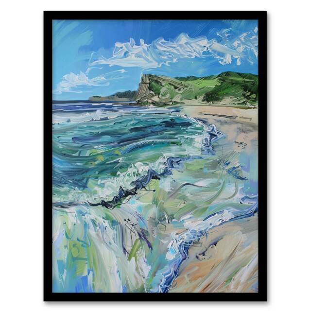 Scarborough North Bay Abstract Coastal Black Framed Wall Art Print A4