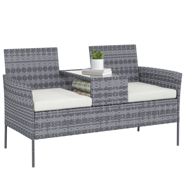 Outsunny Rattan Garden Bench w/ Glass Tea Table, Wicker Chair w/ Cushions, Grey Grey